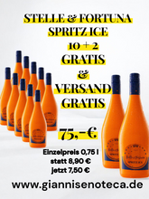 Lade das Bild in den Galerie-Viewer, Zwölf Flaschen STELLE & FORTUNA SPRITZ ICE 0,75 l sind auf einem weißen Hintergrund abgebildet. Schwarzer und gelber Text zeigt "10+2 gratis", kostenlosen Versand und einen Gesamtpreis von 75€. Die Marke Stelle & Fortuna ist hervorgehoben. Website-Link enthalten.