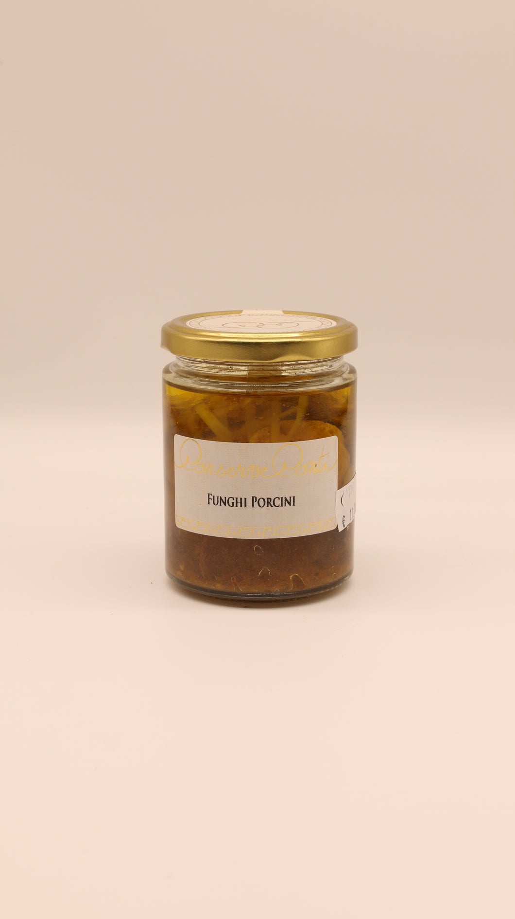 Ein 270g Glasgefäß mit Conserve Conti Funghi porcini mit Golddeckel, gefüllt mit Steinpilze Sizilien in Olivenöl. Mit der Aufschrift 