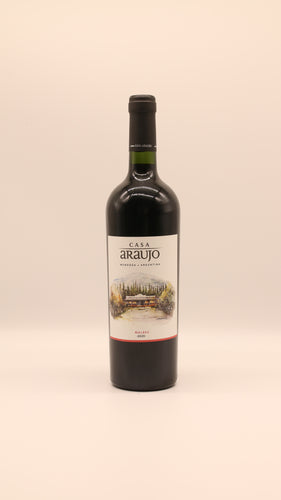 Eine 0,75 Liter Flasche Malbec 2020 von Bodega Araujo, Argentinien, mit einem Etikett.