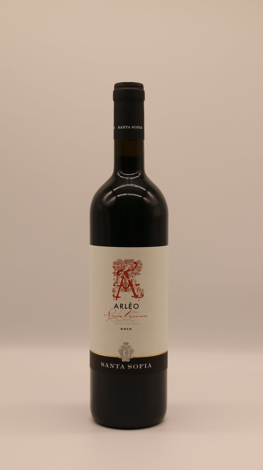 Flasche Arlèo Rosso Verona 2018 von Santa Sofia – kräftiger italienischer Rotwein mit tiefrotem Etikett und klassischer Gestaltung.