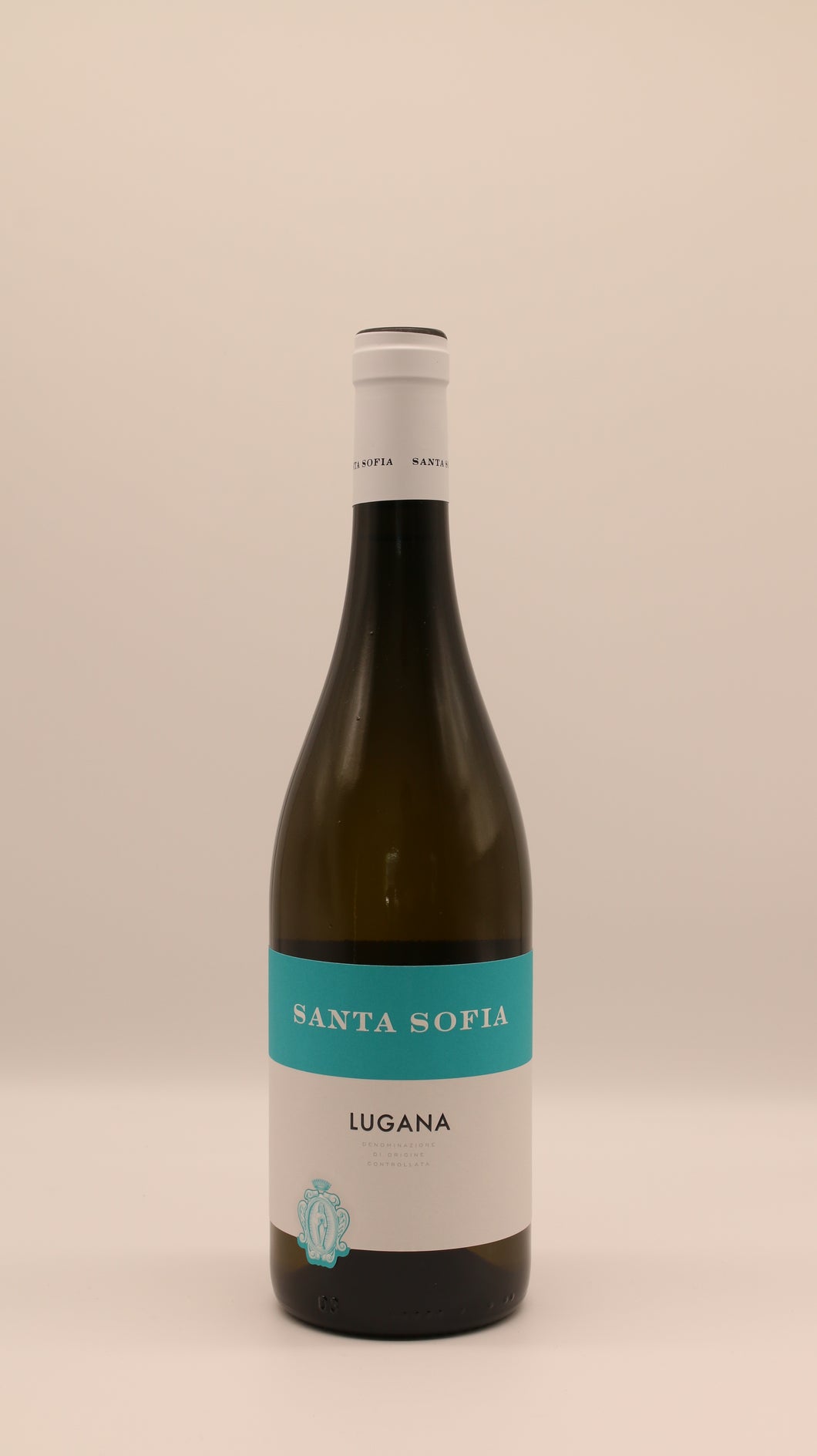 Flasche Lugana 2024 von Santa Sofia – eleganter Weißwein vom Gardasee mit frischem Charakter und klassischem Etikett im Santa-Sofia-Stil.