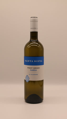 Flasche Pinot Grigio 2024 von Santa Sofia – frischer italienischer Weißwein mit klarem Etikett und hellgelber Farbnote, typisch für die Rebsorte.