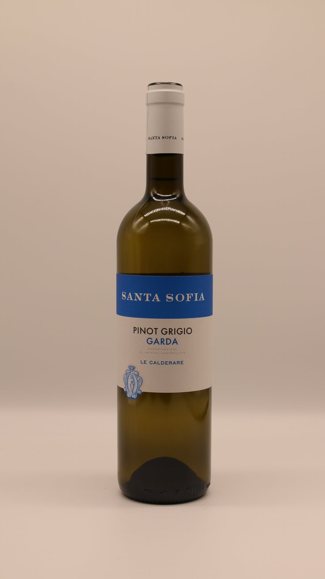 Flasche Pinot Grigio 2024 von Santa Sofia – frischer italienischer Weißwein mit klarem Etikett und hellgelber Farbnote, typisch für die Rebsorte.