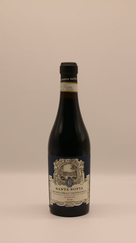 Flasche Valpolicella Ripasso Superiore DOC 2022 von Santa Sofia – eleganter italienischer Rotwein mit dunklem Etikett und traditioneller Gestaltung.