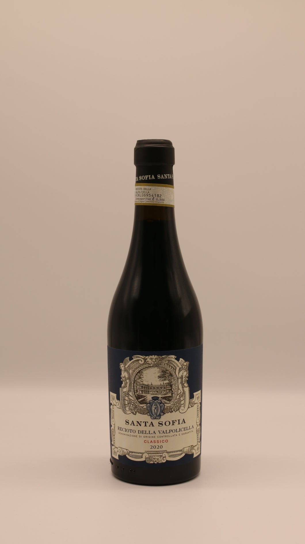 Flasche Valpolicella Ripasso Superiore DOC 2022 von Santa Sofia – eleganter italienischer Rotwein mit dunklem Etikett und traditioneller Gestaltung.