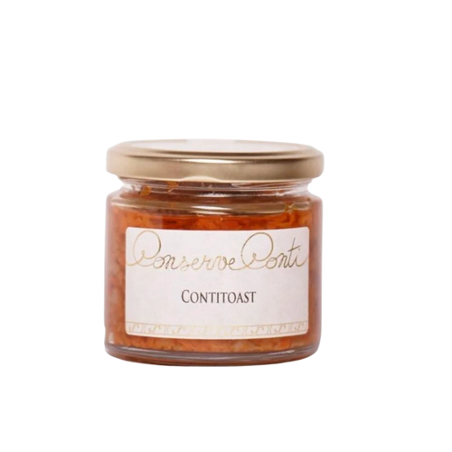 Ein Glas mit goldenem Deckel enthält CONTITOAST 190 g von Conserve Conti. Das elegante weiß-goldene Etikett unterstreicht einen lebendigen Brotaufstrich, der glutenfrei und ohne Konservierungsstoffe ist.