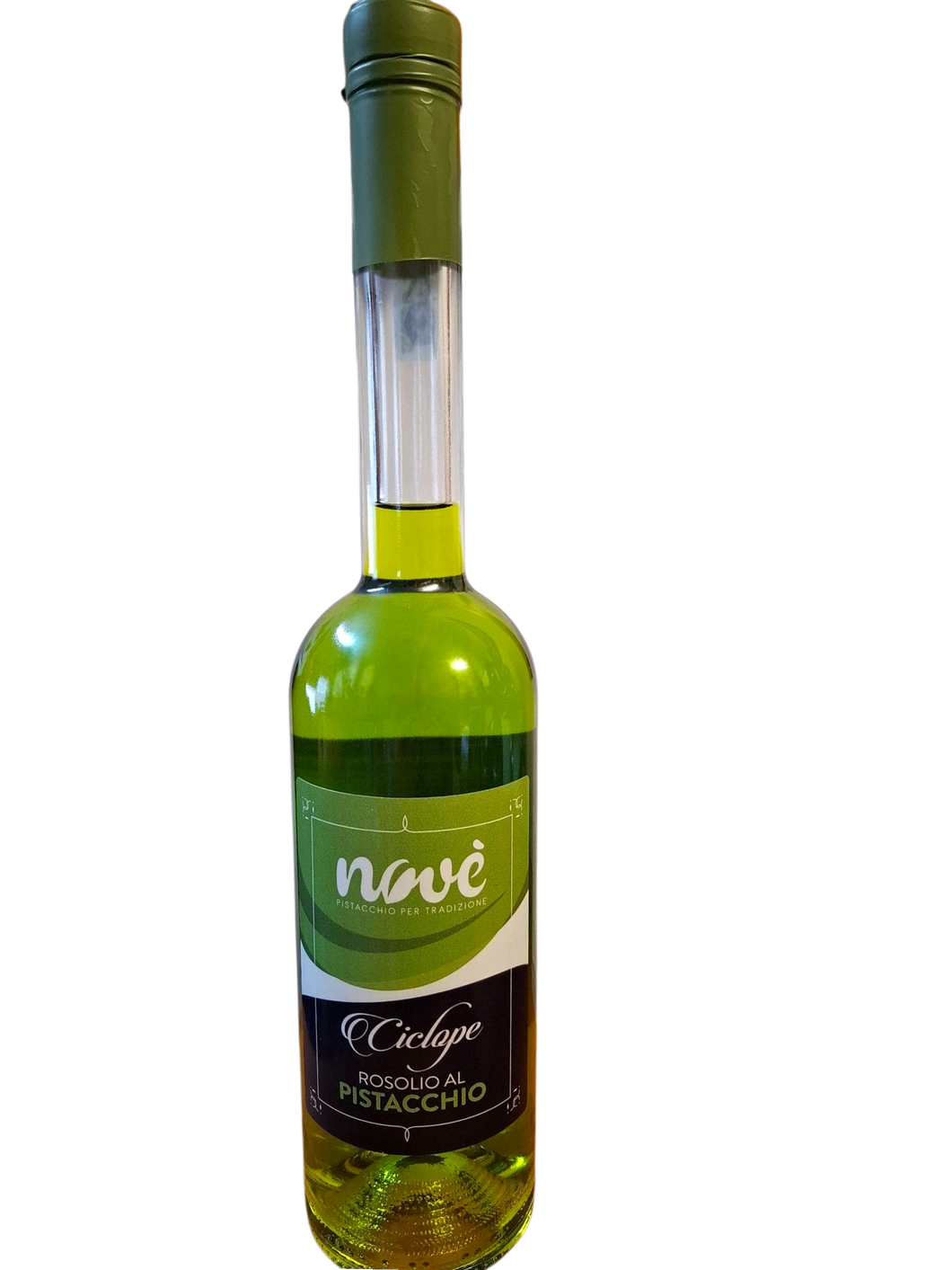 Eine 500-ml-Flasche Nove' LIQUORE AL PISTACCHIO ROSOLIO mit grüner Kappe, klarem Hals und grün-braunem Etikett enthält einen leuchtend grünen Likör und steht vor einem weißen Hintergrund.