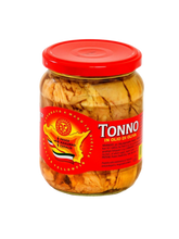 Lade das Bild in den Galerie-Viewer, Ein 300g-Glas von Giannis Enoteca THUNFISCHFILETS IN OLIVENÖL hat einen roten Deckel und ein gelbes Etikett mit einer Karte von Sizilien. Auf dem Etikett steht &quot;Tonno in olio di oliva&quot; und weitere Angaben auf Italienisch.

