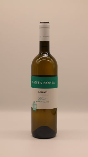 Flasche Soave Classico 2022 von Santa Sofia – eleganter italienischer Weißwein aus Venetien mit hellem Etikett und DOC-Klassifikation.