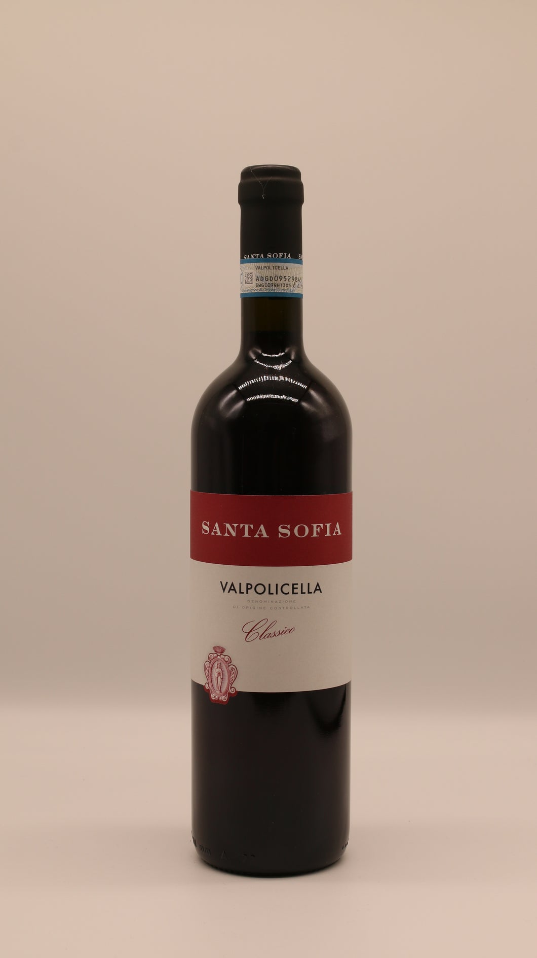 Flasche Valpolicella Classico 2023 von Santa Sofia – frischer, fruchtbetonter Rotwein aus Venetien mit klassischem Etikett in Rot und Weiß.